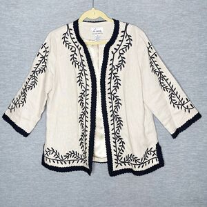 Linea Louis Dell'Olio Blazer Jacket Size Medium 100% Linen Embroidered‎ Career